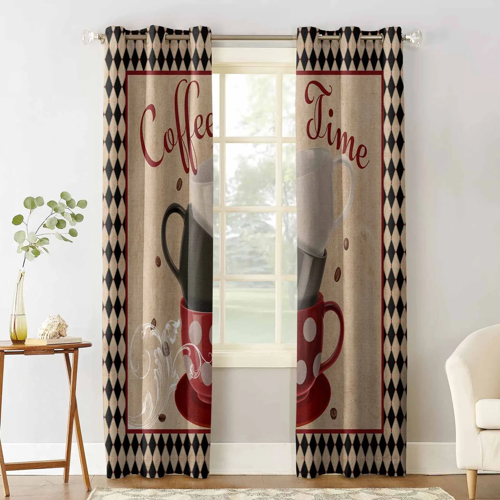 Retro Plaid Coffee Cup Window Curtains for Living Room Kitchen Curtain Bedroom Decorative Window Treatments