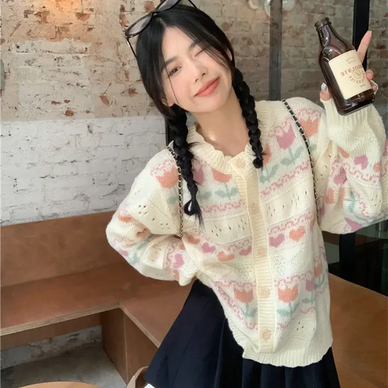 

2025 New Vintage Heart Jacquard Hollow Splicing Old Fashioned Loose Fit Knitted Cardigan Women's Sweater Jacket