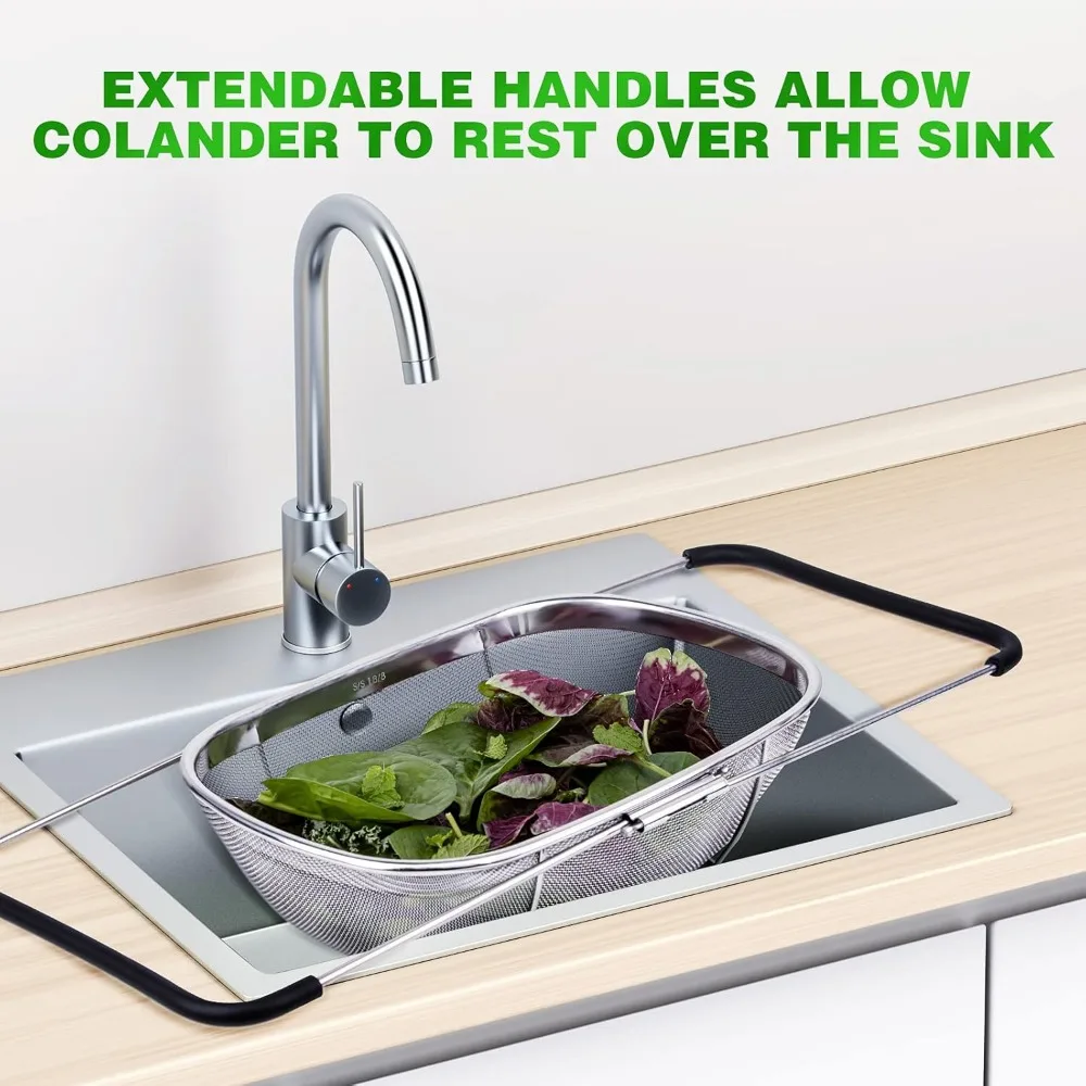 Coador grande sobre a pia de 6 quartos, resistente 40% mais grosso 18/8 cesta de filtro de malha fina de aço inoxidável com fricção expansível