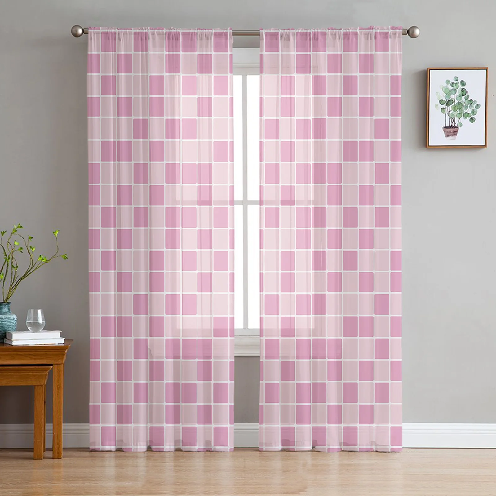 

Checkered Pink Gradient Sheer Curtains For Living Room Window Long Tulle Kids Bedroom Kitchen Decoration Curtain Voile Drapes