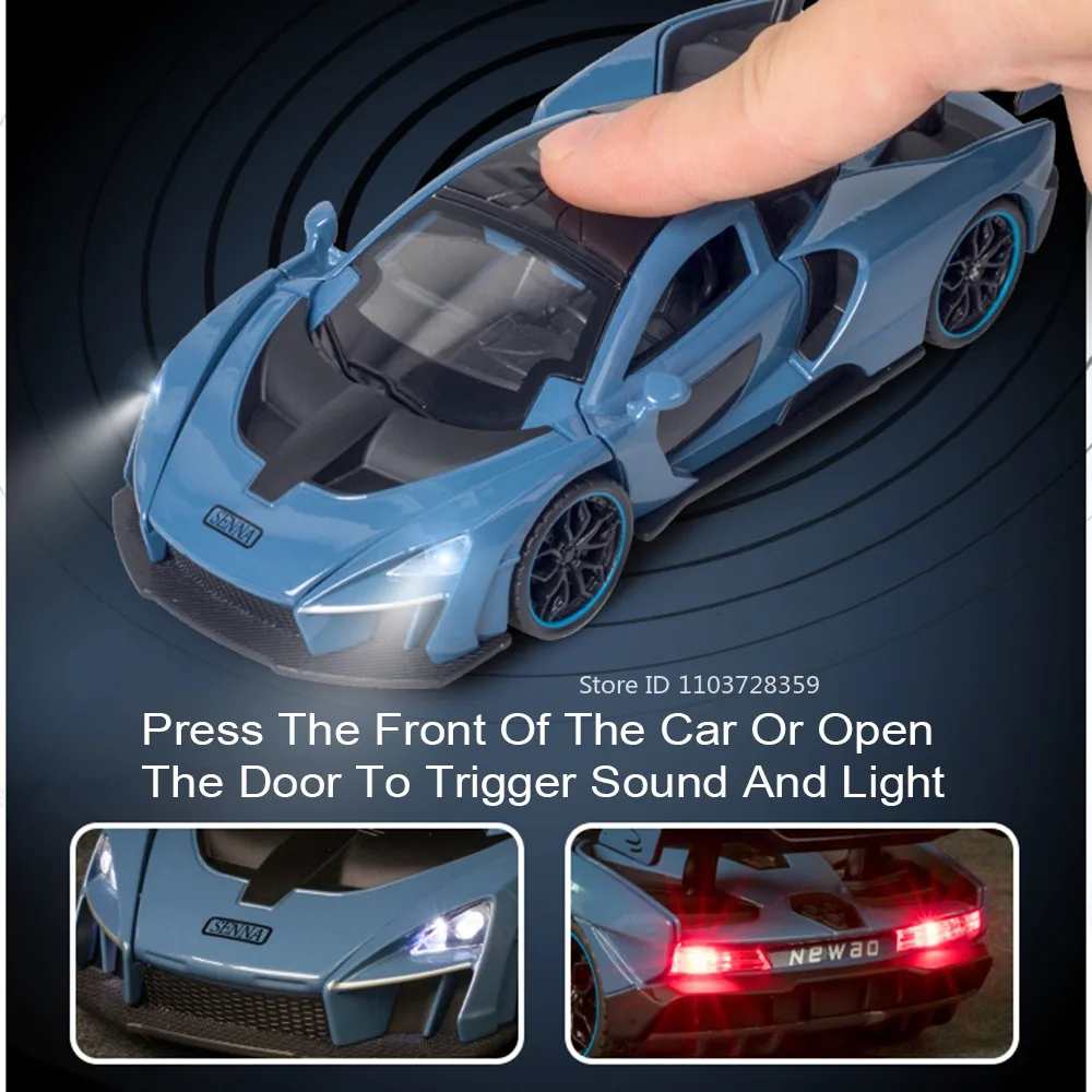 1:32 Senna 720S Sports Car Toy Models Alloy Diecast Mini Supercars Sound Light Pull Back Doors Opened Racing Vehicles Kids Gifts