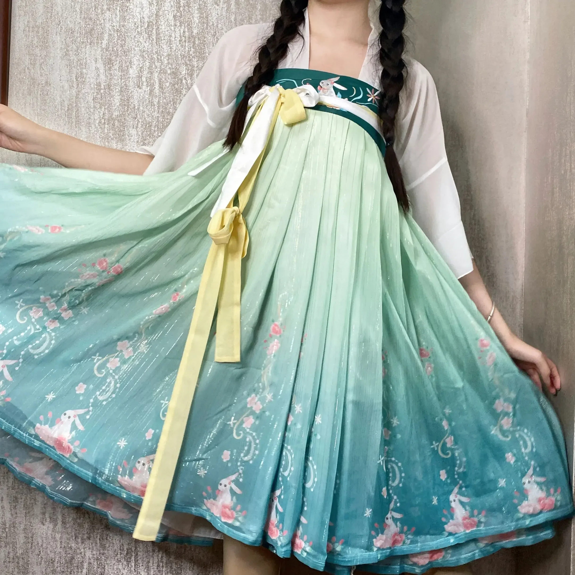 Женский костюм Лолиты Hanfu с вышивкой кролика, красного цвета, с длинным рукавом и оборками, симпатичное хлопковое стильное платье, летнее платье с градиентным цветом