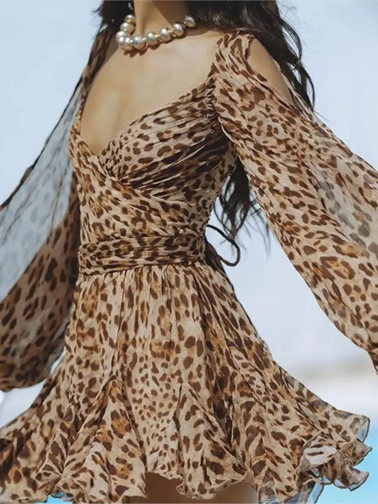 2024 otoño mujer nueva moda impresa Casual manga larga Split brazo abierto Sexy Correa Bareback adelgazante Vestido corto