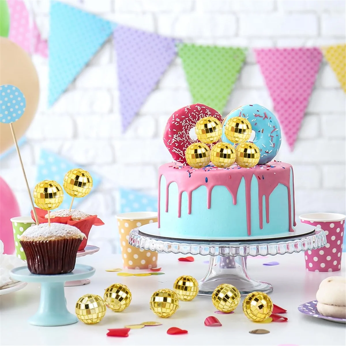 24 قطعة كرة ديسكو كب كيك القبعات العالية ديسكو الكرة كب كيك يختار كرة مرآة عاكسة كعكة القبعات العالية ديسكو الزينة الذهب