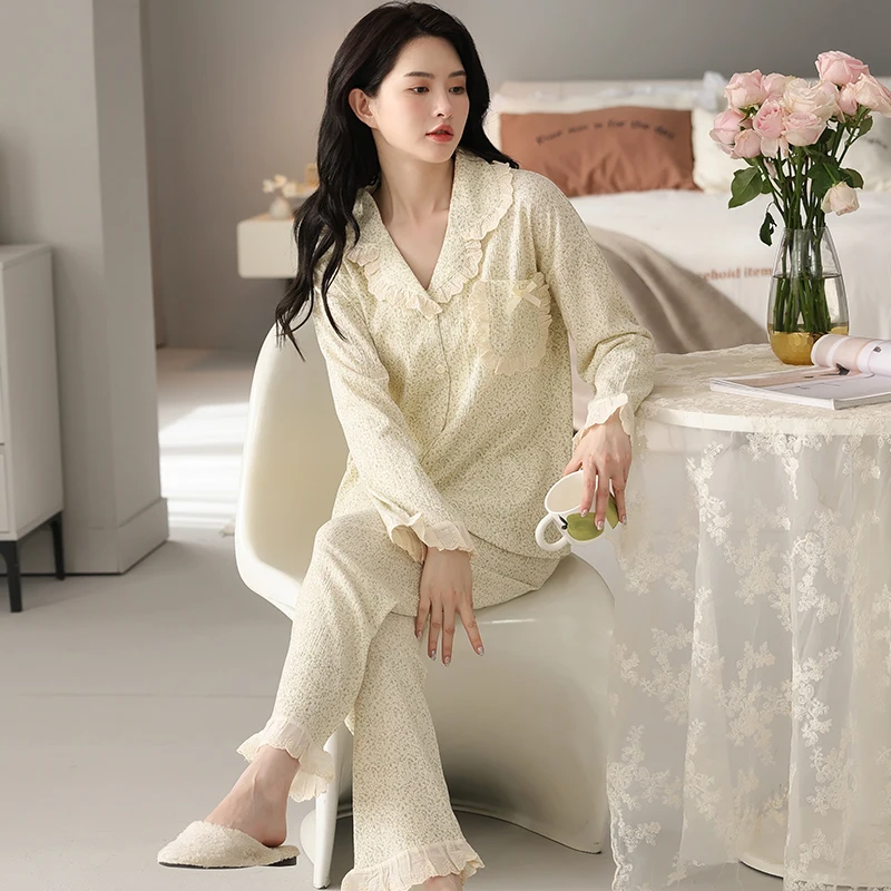 

Хлопковая пижама с маленькими цветами для женщин, осенняя пижама с длинным рукавом, кардиган, пижама, женские длинные штаны, домашняя одежда, Пижама для женщин