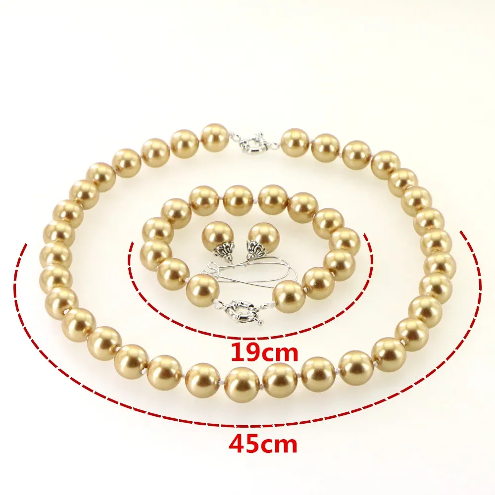 Popular Christmas Gift Women Girls 12mm Gold-Color Round Shell Pearl Beads Necklace Bracelet Earrings Sets Jewelry Making Design