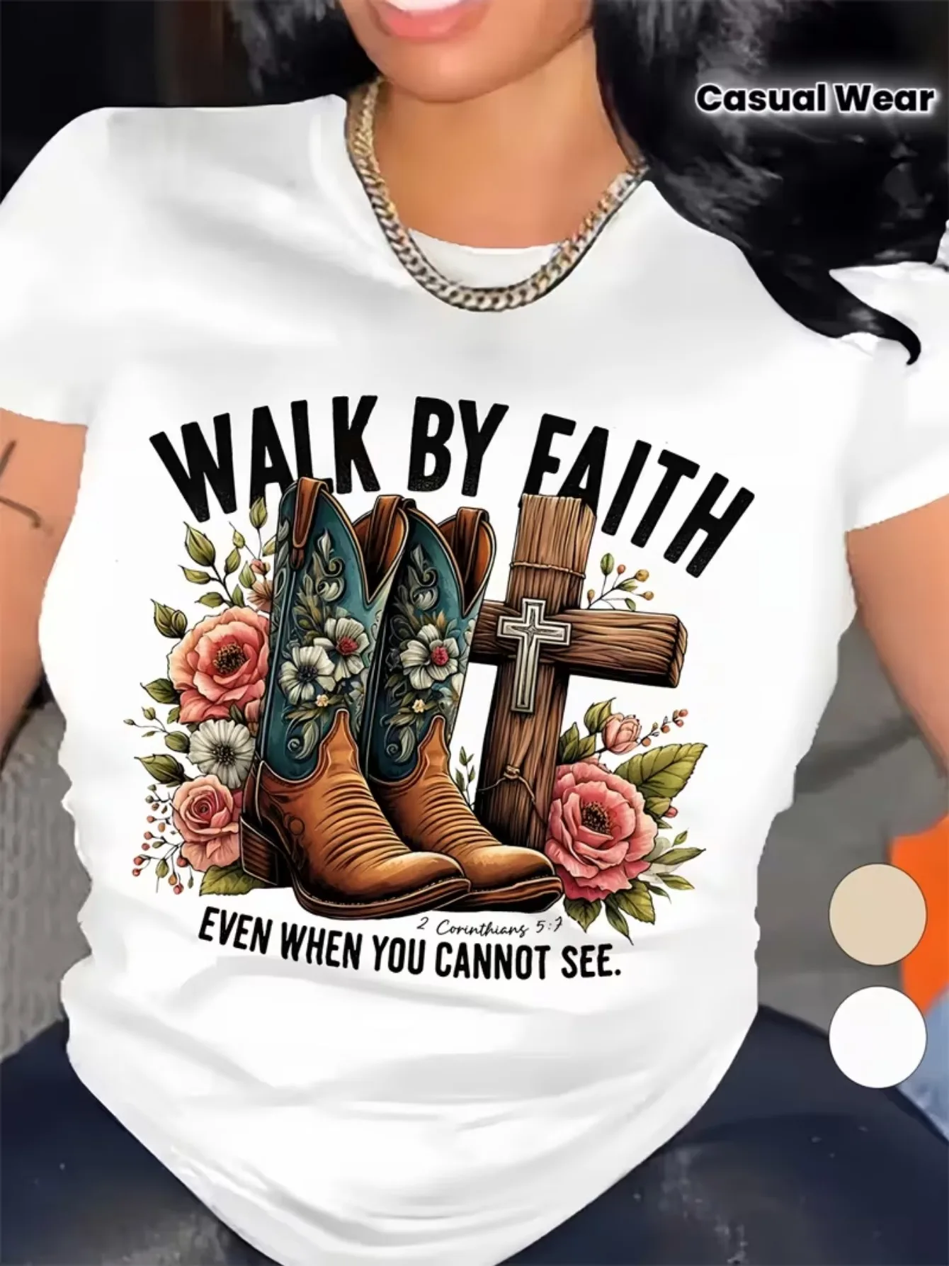 Plus Size - Plus Size - Women'S Christian Faith T-Shirt - Faithful Steps Bible Verse Pattern T-Shirt, Featuring Cowboy Boots And Designs - Soft And Stretchy Everyday Church Wear - Casual Christian Women - White Top Suitable for Religious And Casual