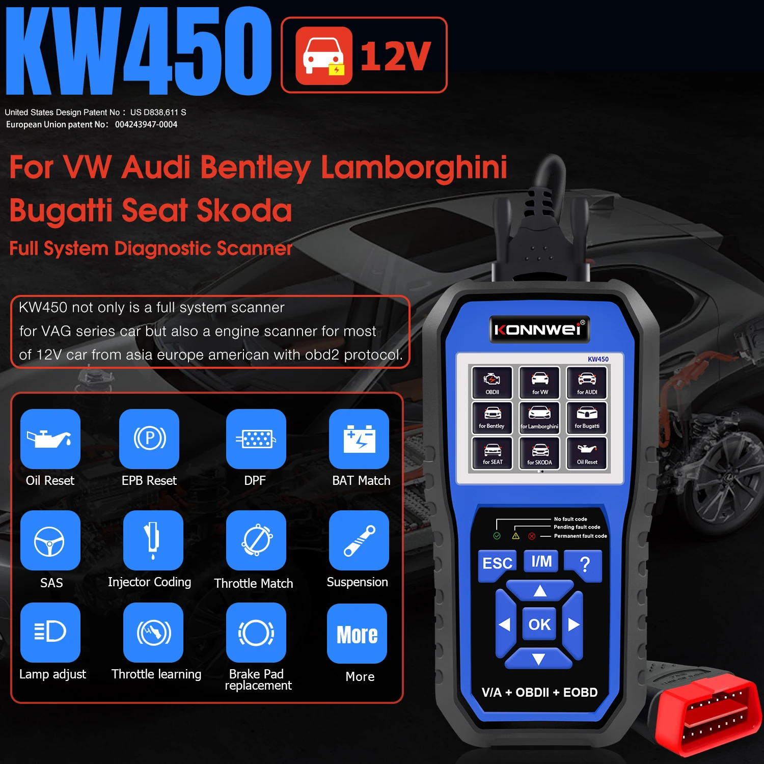 KONNWEI KW450 Full System Auto Scanner High-end Car OBD2 for VW Audi Support ABS ESP SRS TPMS Oil Service Reset Diagnosis Tool