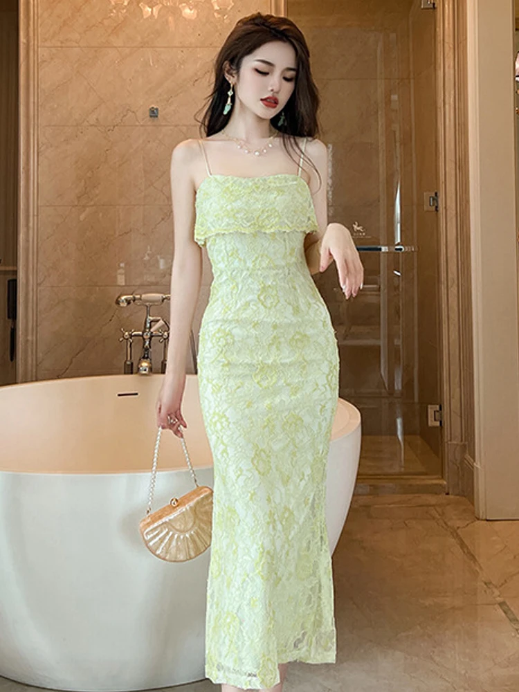 Women's Clothes Sweet Party Dress for Woman Elegant Vacation Green Lace Strap Ruffles Fishtail Robe Female Holiday Beach Vestido