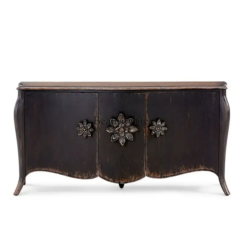 

FG44Retro and old solid wood dining side cabinet, classical black decoration entrance hall entrance cabinet