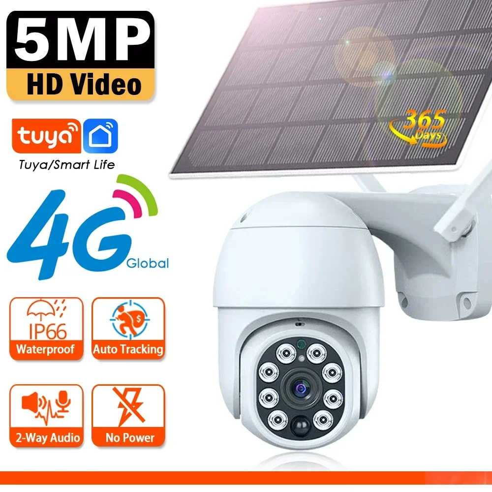 Tuya Solar 4G SIM PTZ cámara de seguridad al aire libre 5MP visión nocturna alimentado por batería inalámbrica 4G cámara de vigilancia CCTV vida inteligente