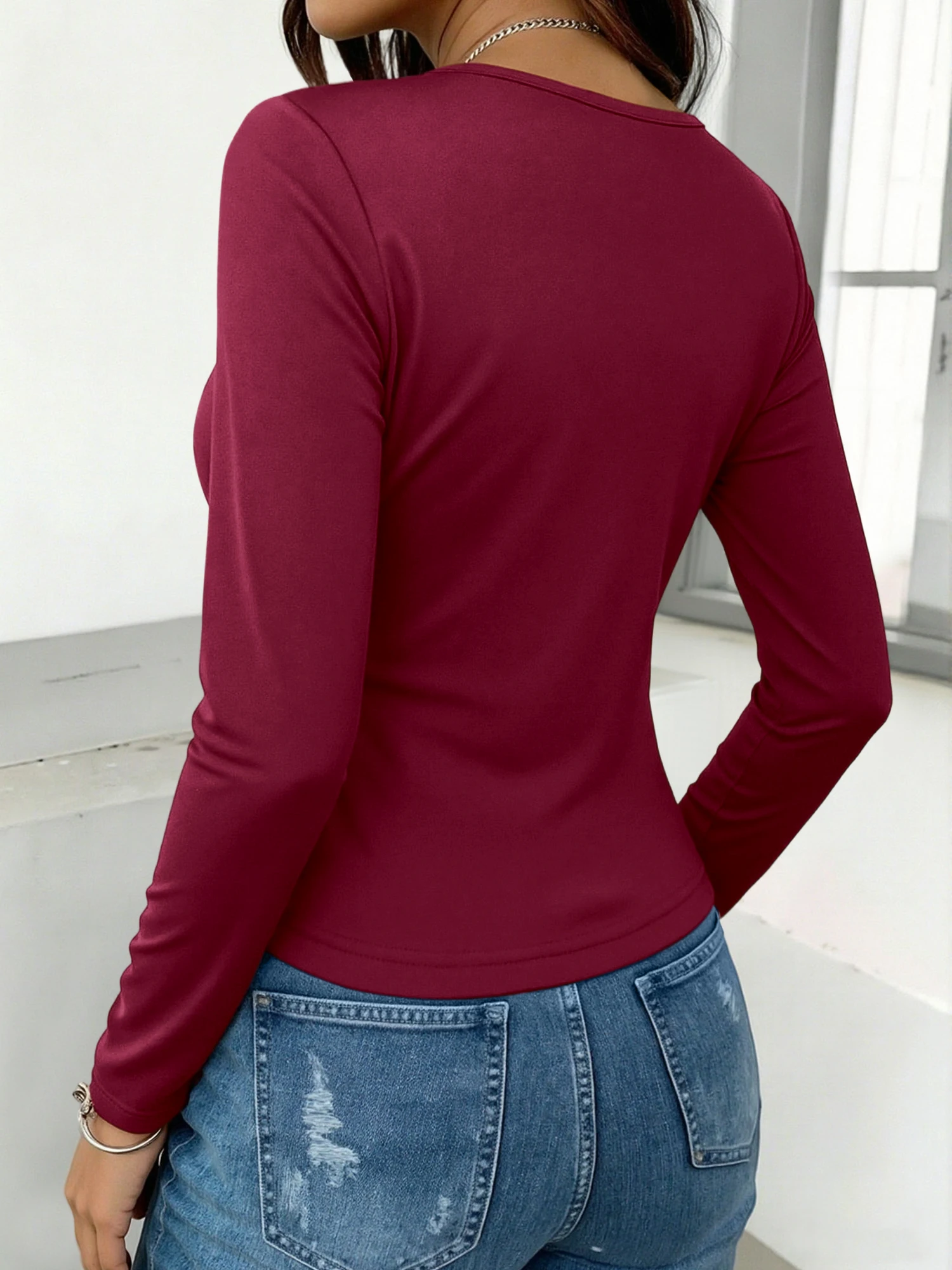 Minimalist Street Solid U Neck Long Sleeve Bodycon Shirts Ladies Figure Flattering Stretchy Daily Wear Tees view 2