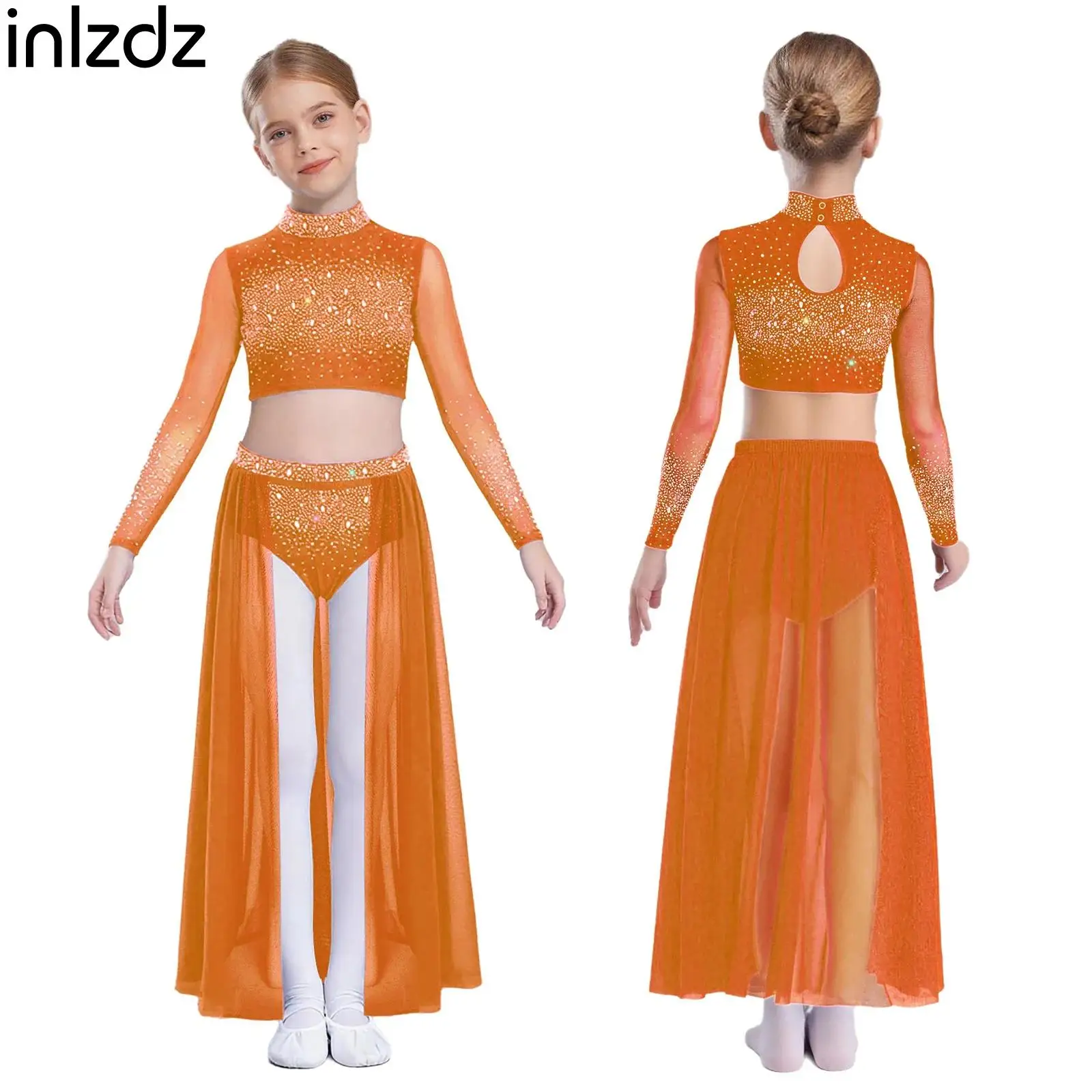 

Children Girls Modern Lyrical Dance Outfits Long Sleeve Sparkly Rhinestones Crop Top with Skirt Set Figure Skating Dance Clothes