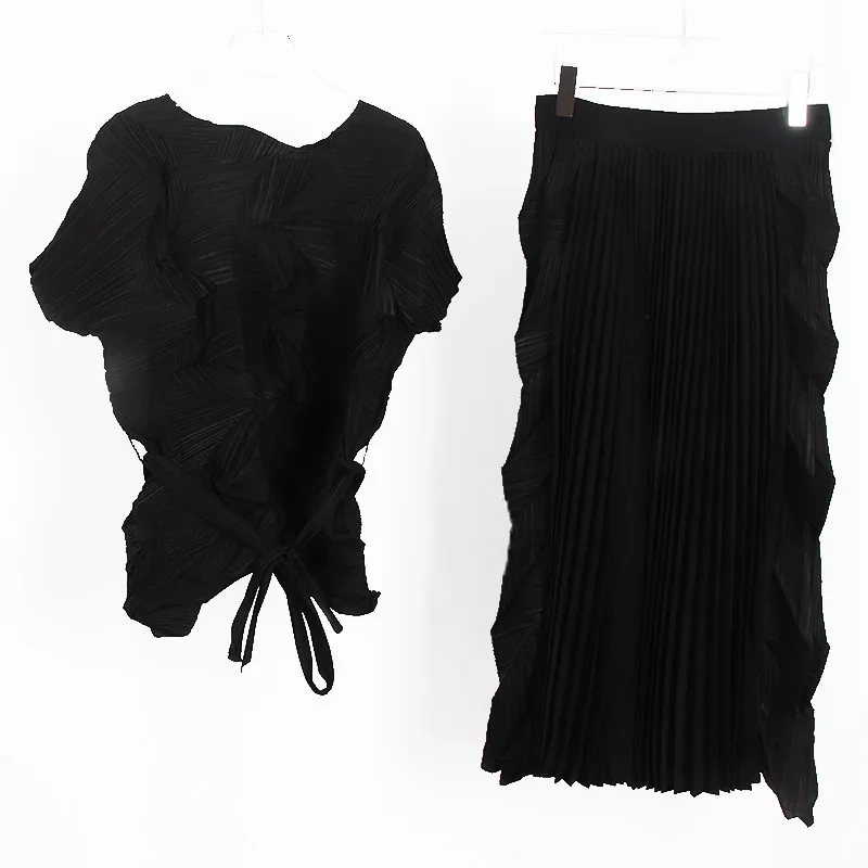 2025 الصيف قصيرة الأكمام التعادل تصميم أعلى + مرونة الخصر نصف الجسم تنورة قطعتين مجموعة مياكي غير النظامية فضفاضة مطوي المرأة مجموعة