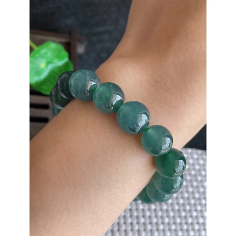 Natural a Bracelet Bead Ice-like Blue Water round Beads Jade 17 49.87G