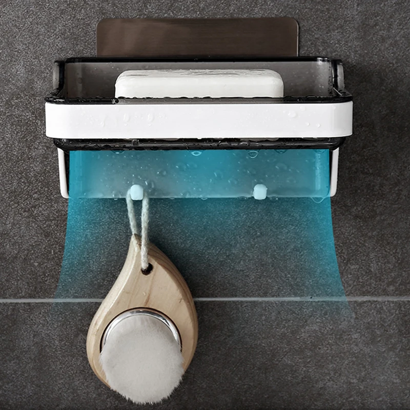 Perforation-Free Wall Mounted Drainable Soap Box Toilet Creative Soap Rack Double Layer Soap Rack With Hook