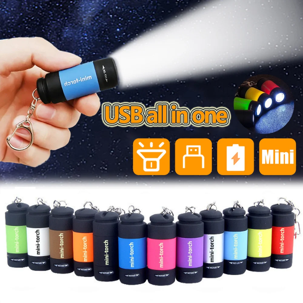 Mini Keychain Lamp Pocket USB Rechargeable LED Strong light Multifunctional Light Flashlight Waterproof Outdoor Hiking Camping