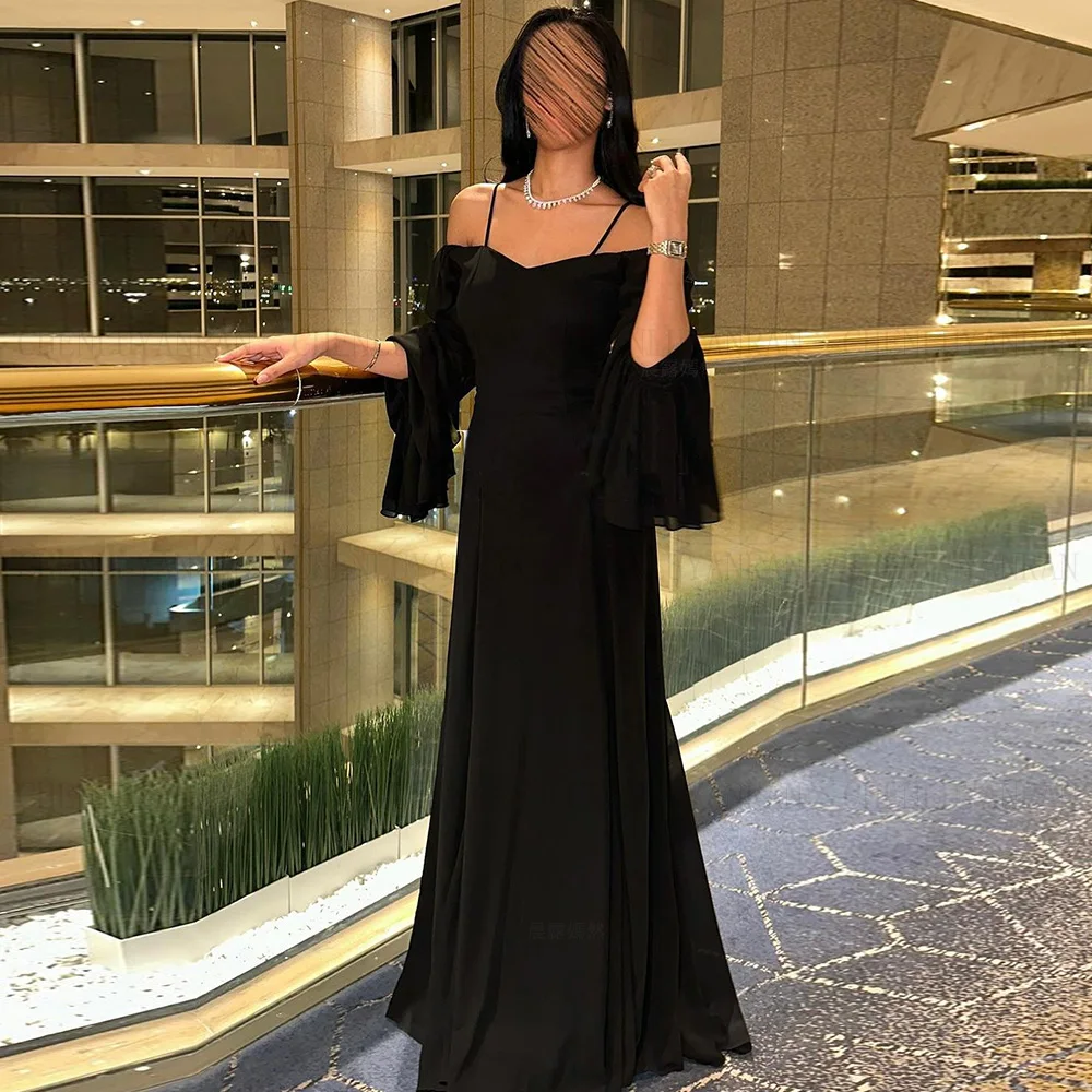 Chiffon Elegant Formal Occasion Dresses 2024 Trumpet Sleeves Long Ball Gowns Simple Black Sexy Evening Party Gown فساتين الحفلات