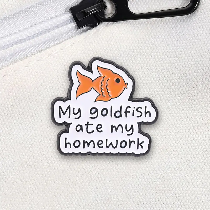 My Goldfish Ate My Homework Enamel Pin Cute Orange Goldfish & Letter Design Brooch for Students Gift Bags Lapel Badge Jewelry