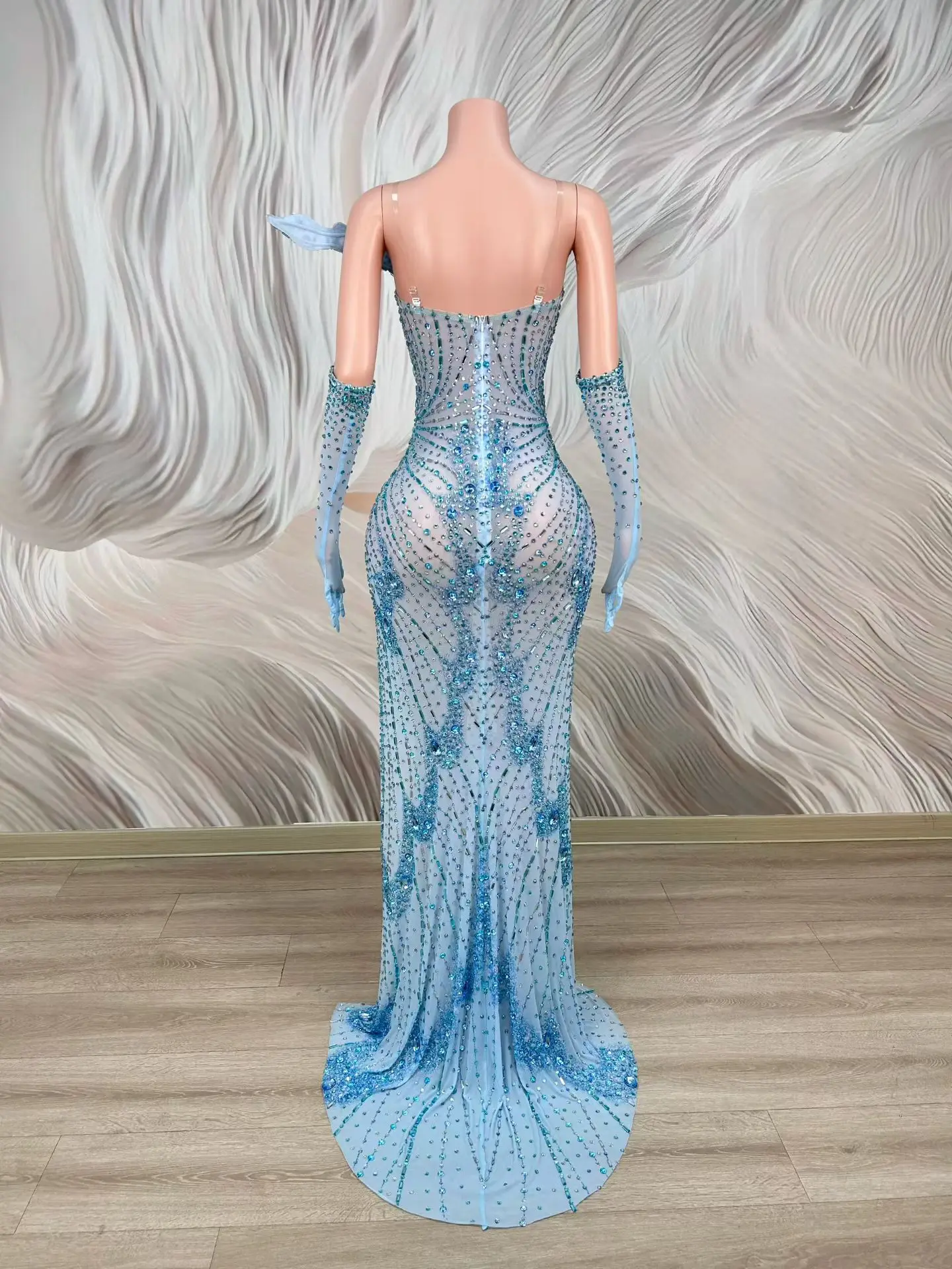 Yudie Luxury Sky Blue Crystal Embellished Maxi Gown Off Shoulder Ruffle Edge Sheer Mesh High Split Singer Performance Outfit