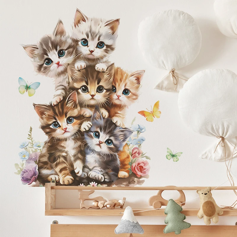 Cute Cartoon Baby Cat Pile Arhat Vinyl Mural Stickers on the Door Wall for Home Nursery Room Kids Bedroom Decoration Items
