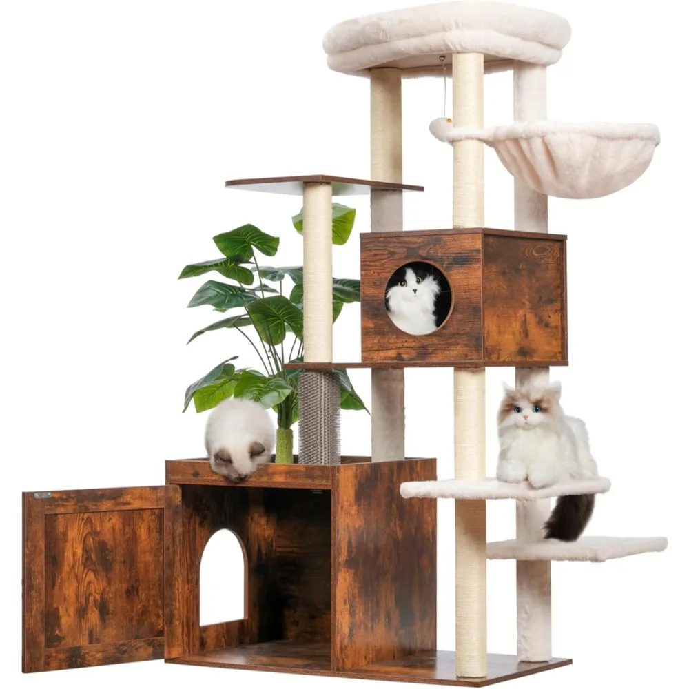 Cat Tree with Litter Box Enclosure, Large Wooden Cat Tower Cat Condo for Indoor Cats with Play Garden