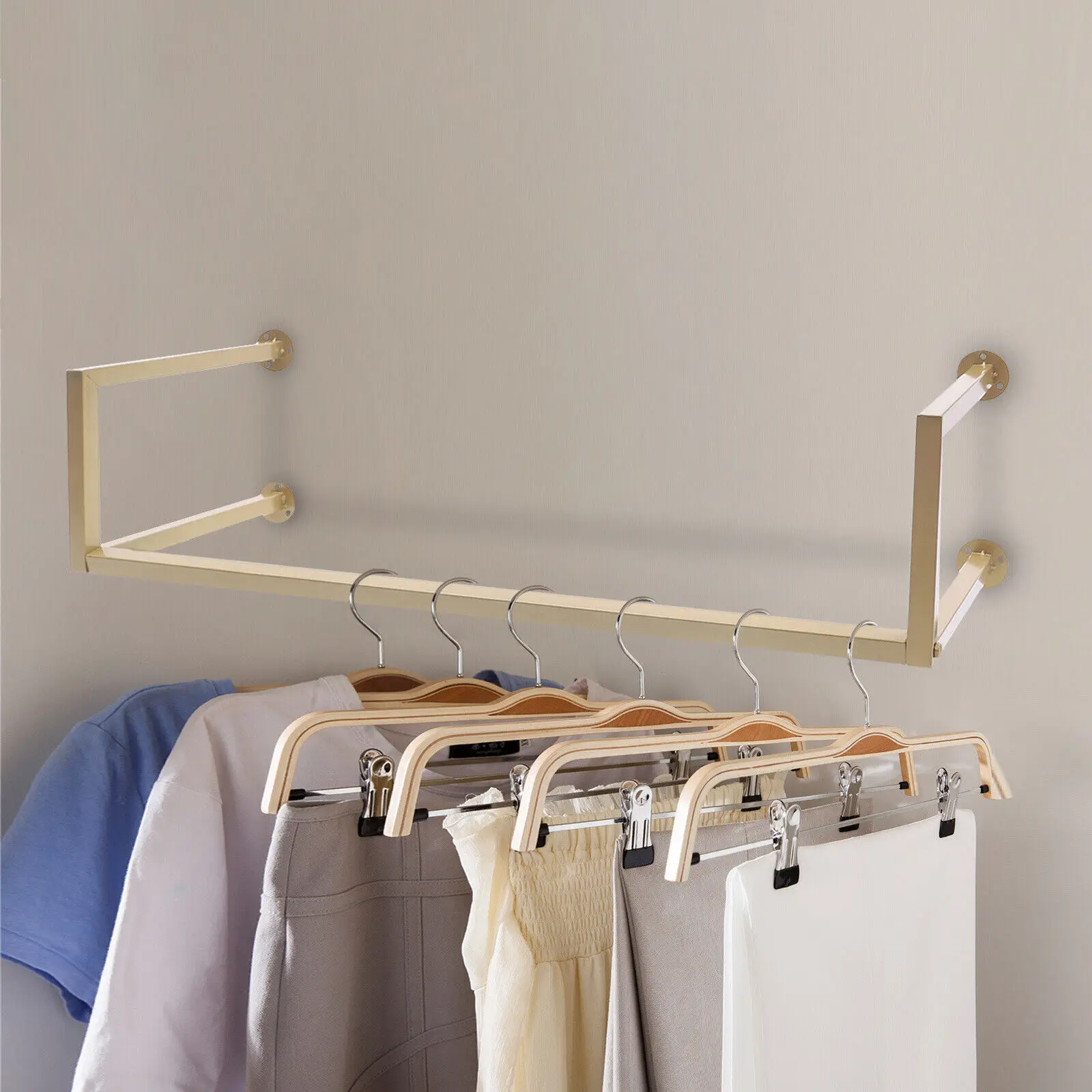 Wall Mounted Gold 2 Rod Metal Hanging Clothes Organizer Closet Bedroom Laundry