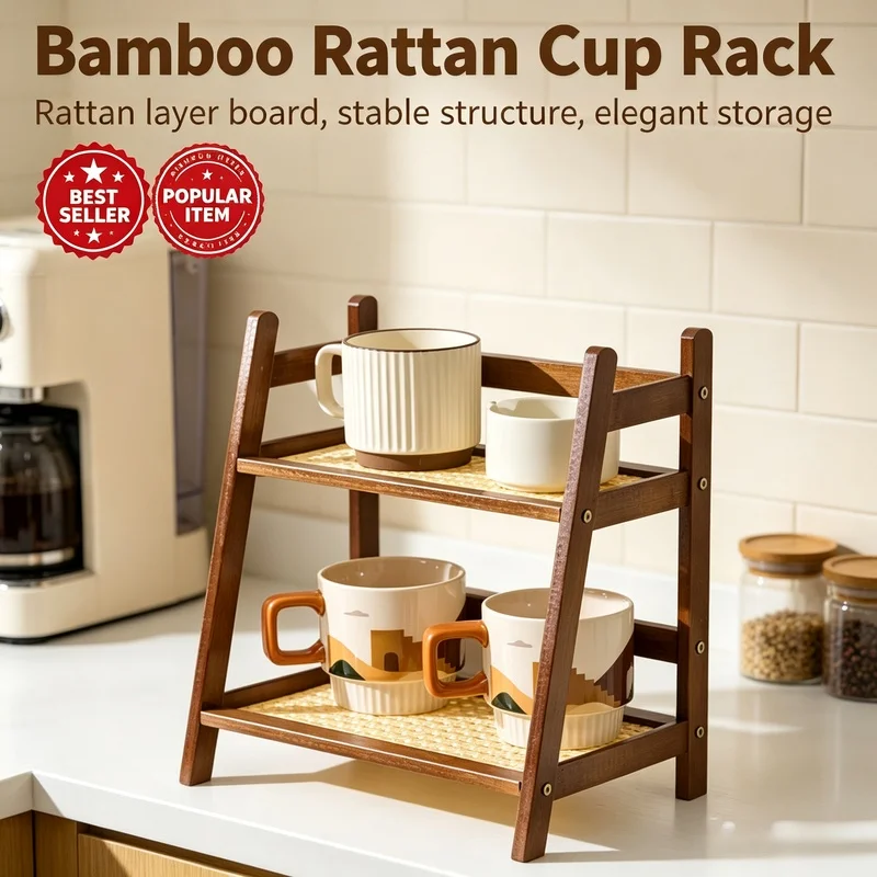 2 Layer Bamboo Countertop Organizer Multipurpose Coffee Cup Holder Storage Shelf for Kitchen Dressing Table Hotel Apartment Home
