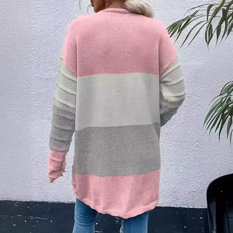 Women's Cardigan Fashion Large Pocket Jacket Long Sleeved Striped Color Blocked Cardigan 2024 Autumn