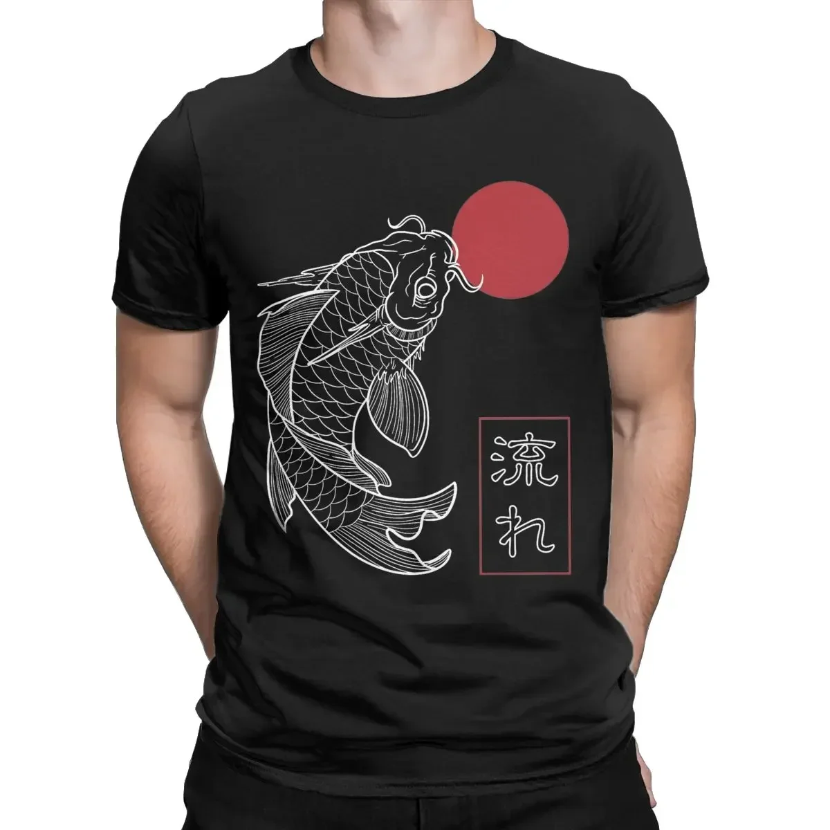 Golden Flow Japanese Koi Fish T Shirt for Men Pure Cotton Novelty T-Shirts Round Collar Cherry Sakura Tees Short Sleeve Clothes