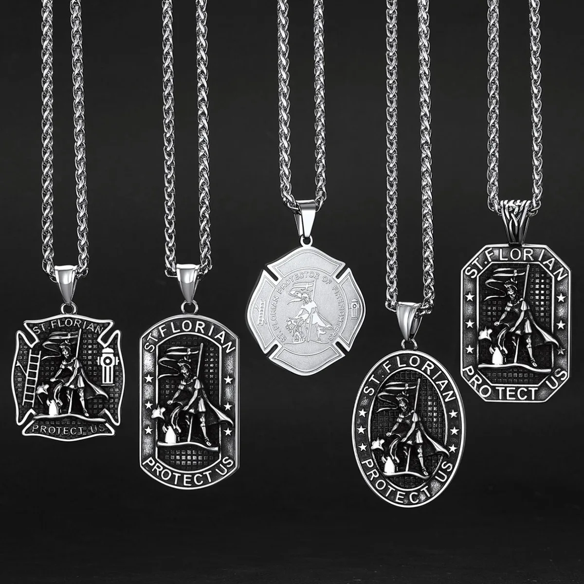 U7 Stainless Steel Saint Florian Necklaces Catholic St. Florian Amulet Protection Jewelry for Firefighters Fire Fighter Family