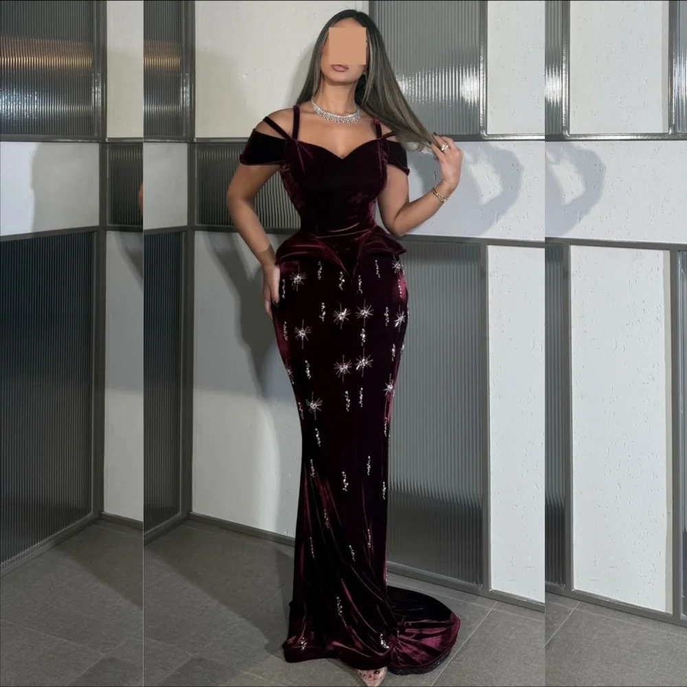

Customized Exquisite Velour Pleat Sequined Column Off-the-shoulder Long Dresses Bespoke Occasion Celebrity Classic