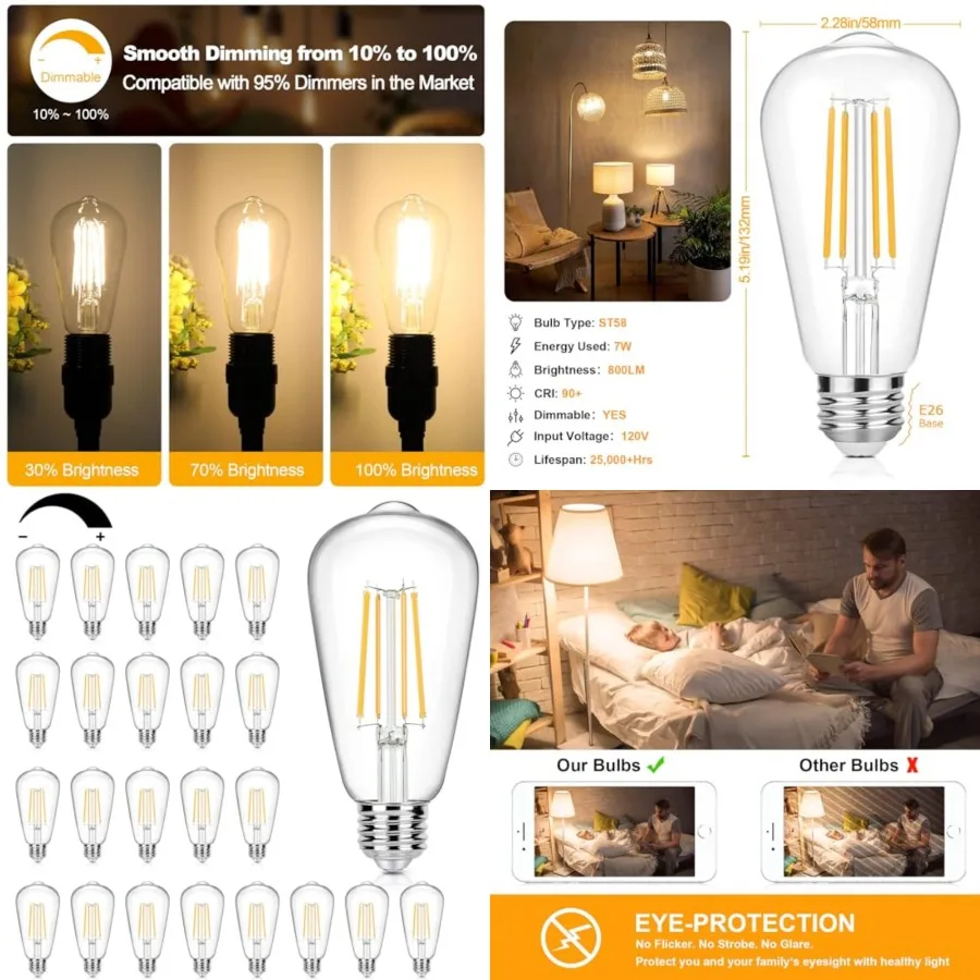 Pack Vintage LED Edison Bulbs 60 Watt Equivalent Dimmable 7W ST58 LED Filament Light Bulbs Antique Style Lighting High Brightne
