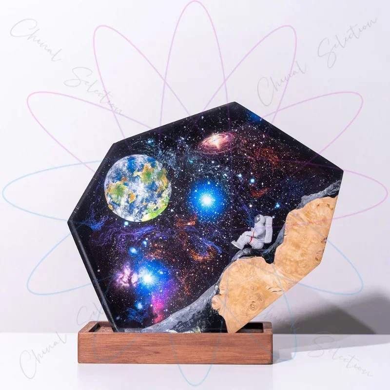 Interstellar Epoxy Light Space Galaxy Resin Wood Night Light Astronaut Resin Wood Art Spacecraft Night Light Ornament