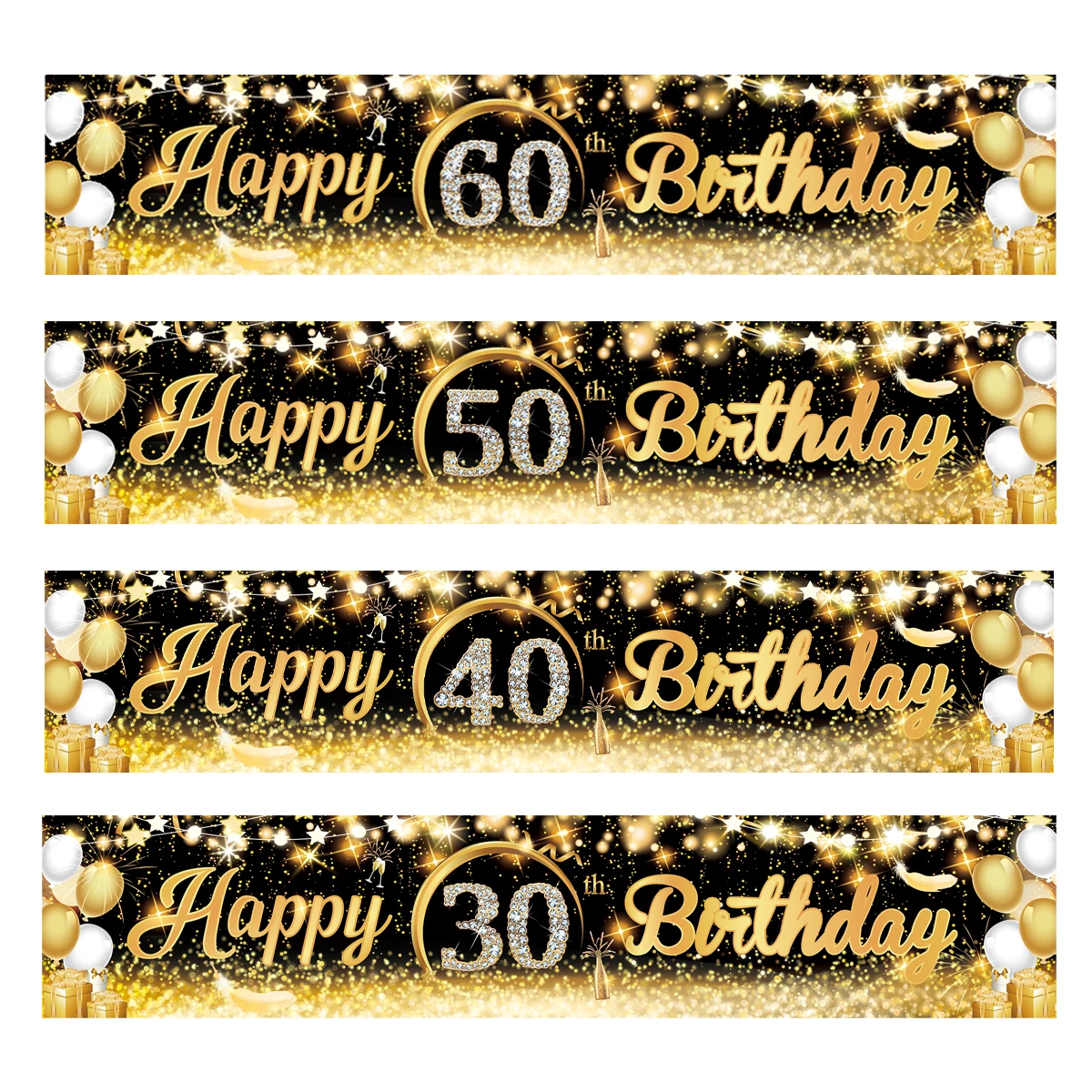 

Black Gold Happy Birthday Banner Balloon Flag Adult 30th 40th 50th 60th Birthday Party Decoration Supplies Bunting Anniversary