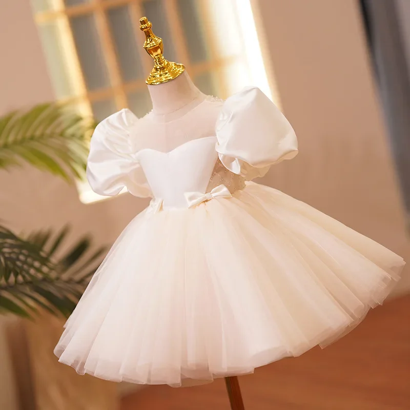 Customized O-neck Simple Elegant Puff Sleeve Flower Girls Dresses Slim Ball Gown Small Bow Princess Vestidos Temperament Kid Bir