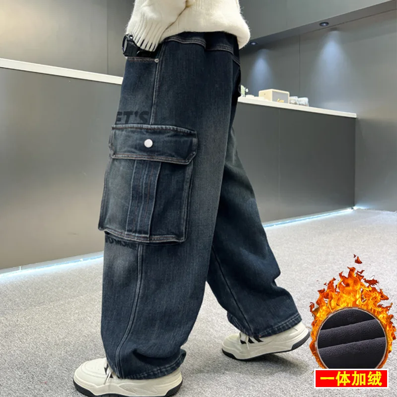 بنطال جينز للأولاد سميك قطعة واحدة مخملي 2025 سروال دينم فضفاض على الموضة للأطفال جديد لملابس الخريف والشتاء #6