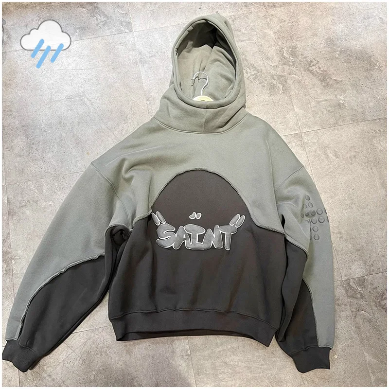 24FW Best Quality 450GSM Stitching Patchwork Saint Hoodie Hooded Men Women Streetwear Foam Logo Color Blocking Pullovers