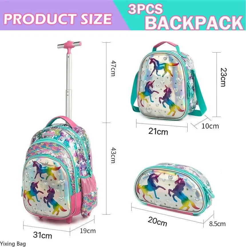 Children Backpack with Wheels School Bag Set Girls Elementary Student Sequin Backpack Travel Luggage Trolley Bags Dropshipping