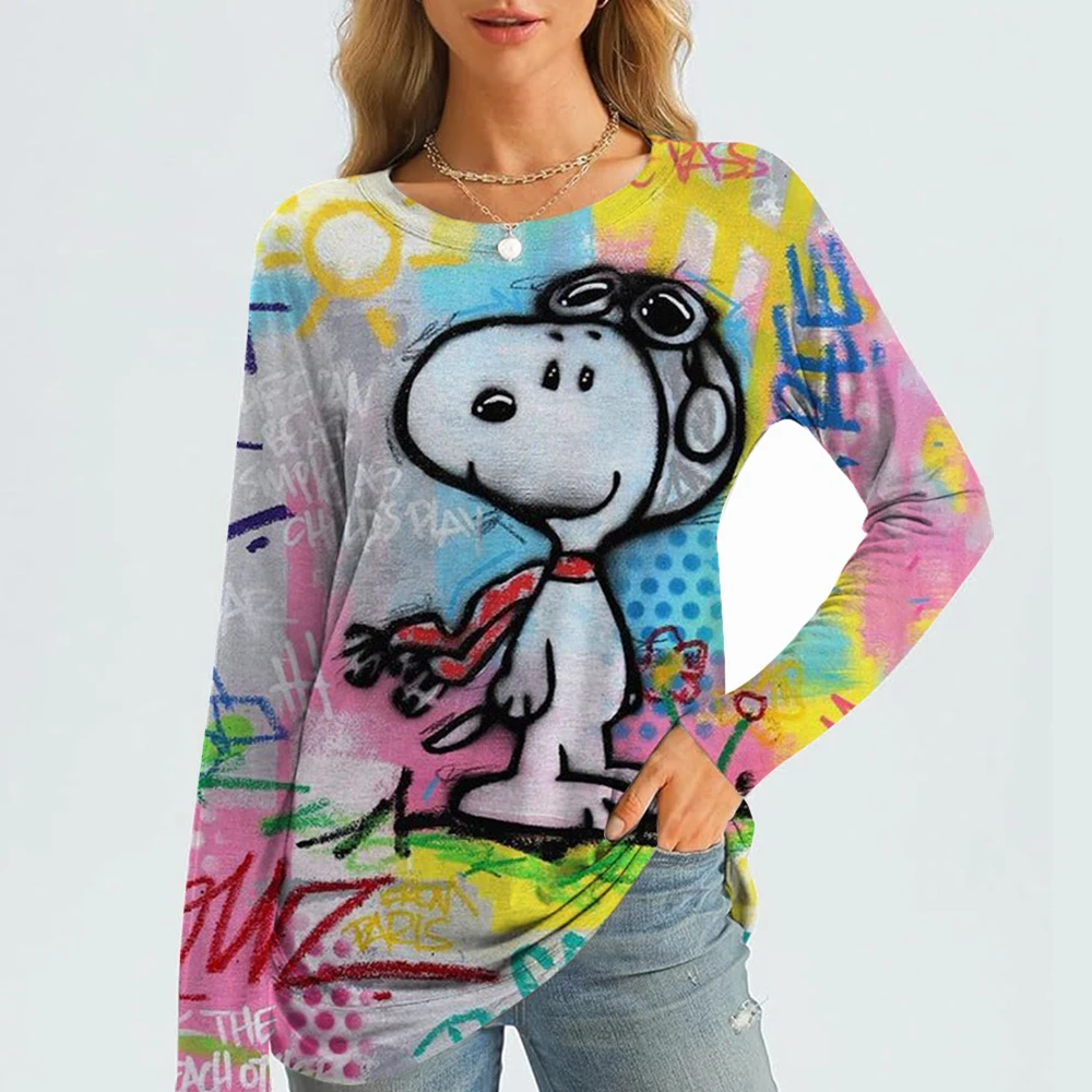 

Женские футболки Snoopy с длинными рукавами, топы, осень 2026, новый модный женский топ в стиле Харадзюку, забавный пуловер, одежда
