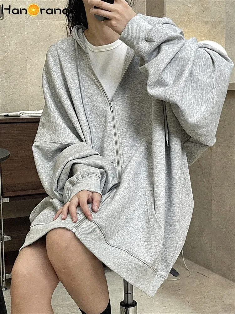 

HanOrange 2024 Spring Detachable Shoulder Pad Hoodie Women Loose Silhouette Hooded Jacket Gray/Milky White