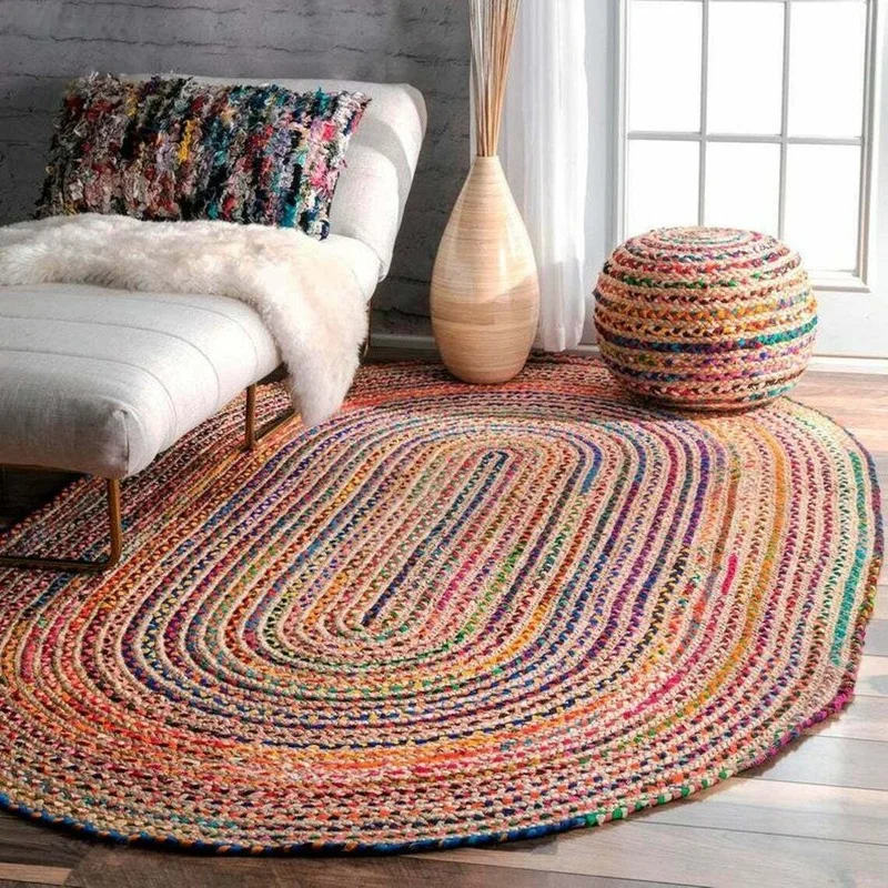 Rug 100% Natural Jute Cotton Reversible Oval Rug Living Modern Carpet Area Rug Home Floor Decoration