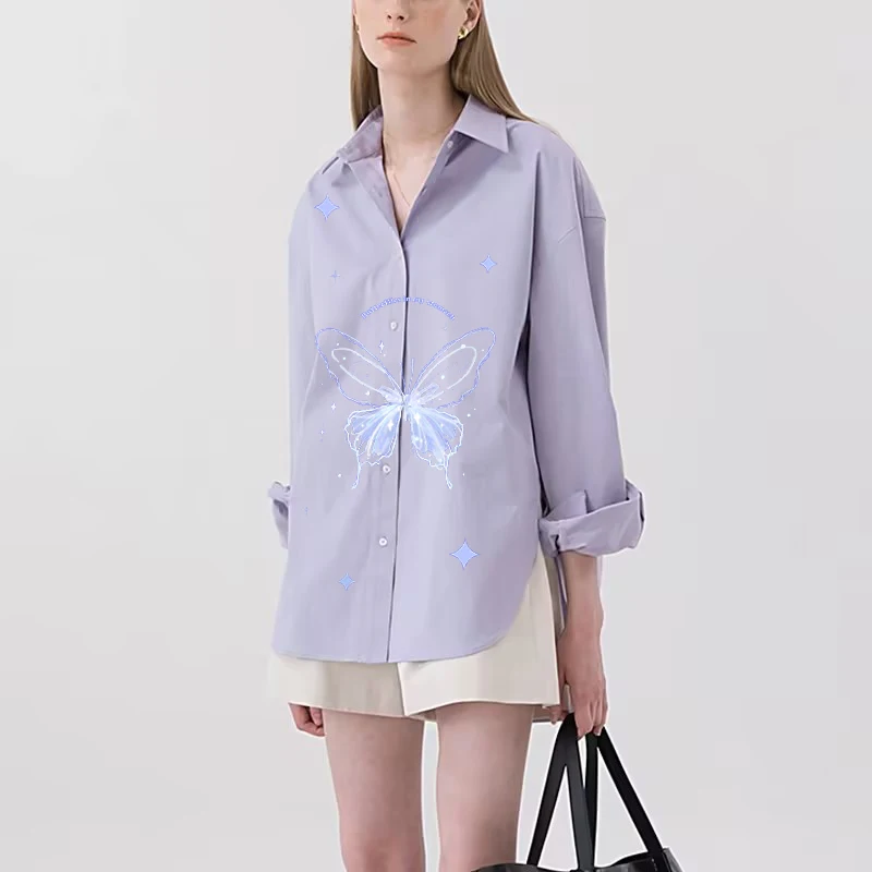 Butterfly Print Shirt Long Sleeved Dreamy Perfect Match With Button Design Women's Clothing Suitable For Daily Dating Work