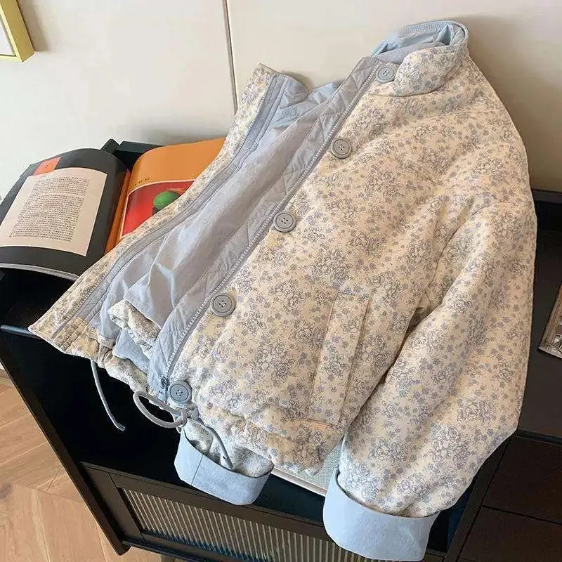 Printed Stand Up Collar Cotton Jacket For Women's Winter 2025 New Casual Loose Korean Version Sweet Warm Cotton Jacket