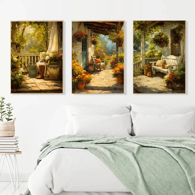 Misty And Peaceful Rural Courtyard Tea House Natural Art Landscape Poster Canvas Printing Home Studio Bedroom Wall Decoration