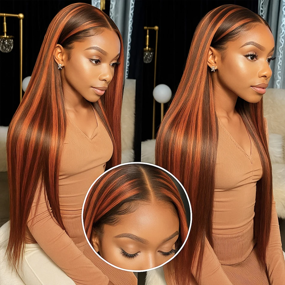 # 4/350 omber gengibre com destaque marrom sem cola osso reto usar e ir peruca 30 Polegada 5x5 brasileiro pré-arrancado peruca de cabelo humano