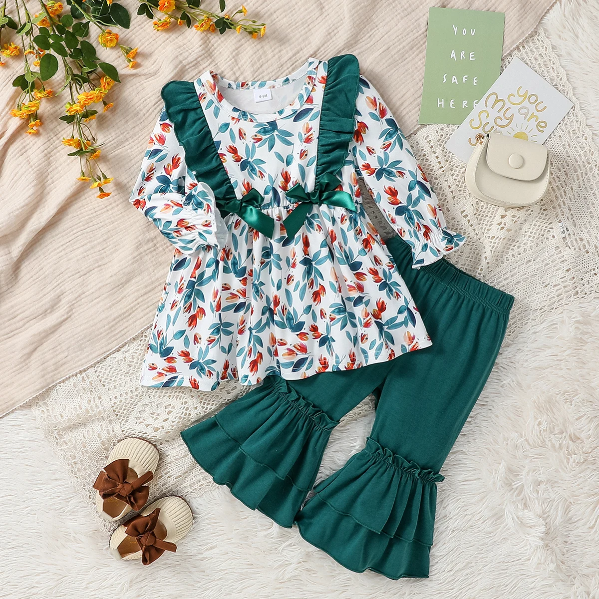 

Baby Girls Toddler Girl Outfits Print plants Long Sleeve Tops With Bow Ruffles Flare Pants 2Pcs Clothing Set