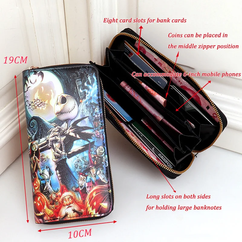 Disney Jack Skellington Wallets For Women Long Slim Credit Card Holder Coin Purse Zip Clutch Handbag Wallet For Girls Ladies