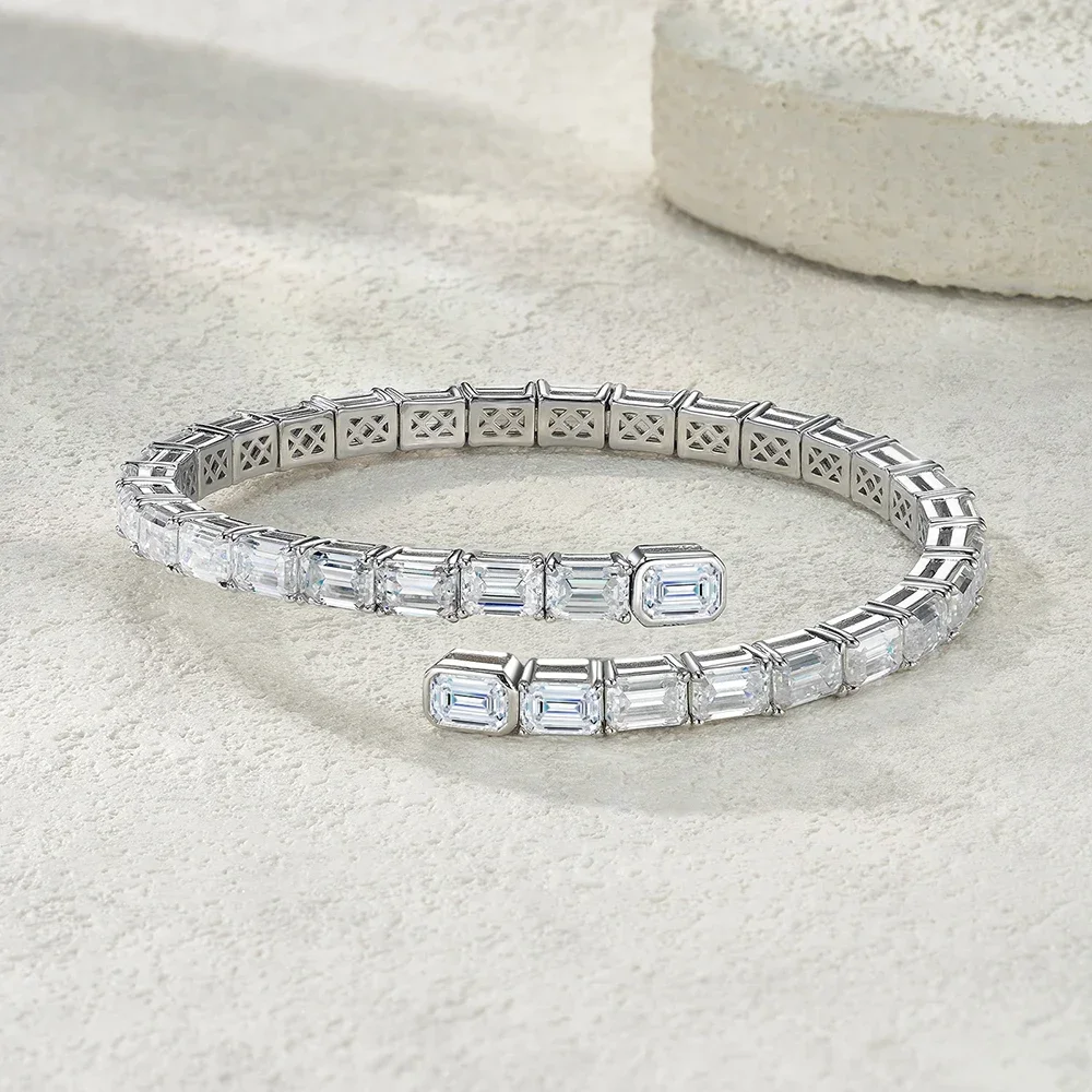 FCGJHW 4*6mm Emerald Moissanite Open Bangle Pure S925 Silver Certified Diamond Cuff Bracelets Gift for Women Fine Jewelry 2026
