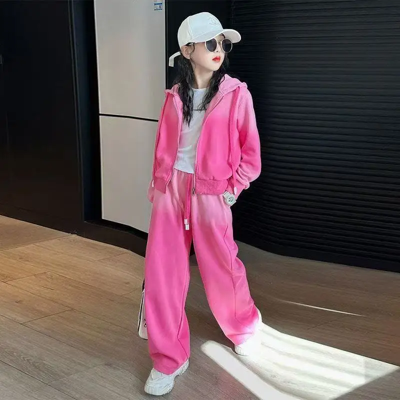 

2025 New Autumn And Spring Girl Teens Tracksuit Zipper Smile Pink Jacket Hooded Top and Bottom Wide Leg Pant Child Set 4-14 Year
